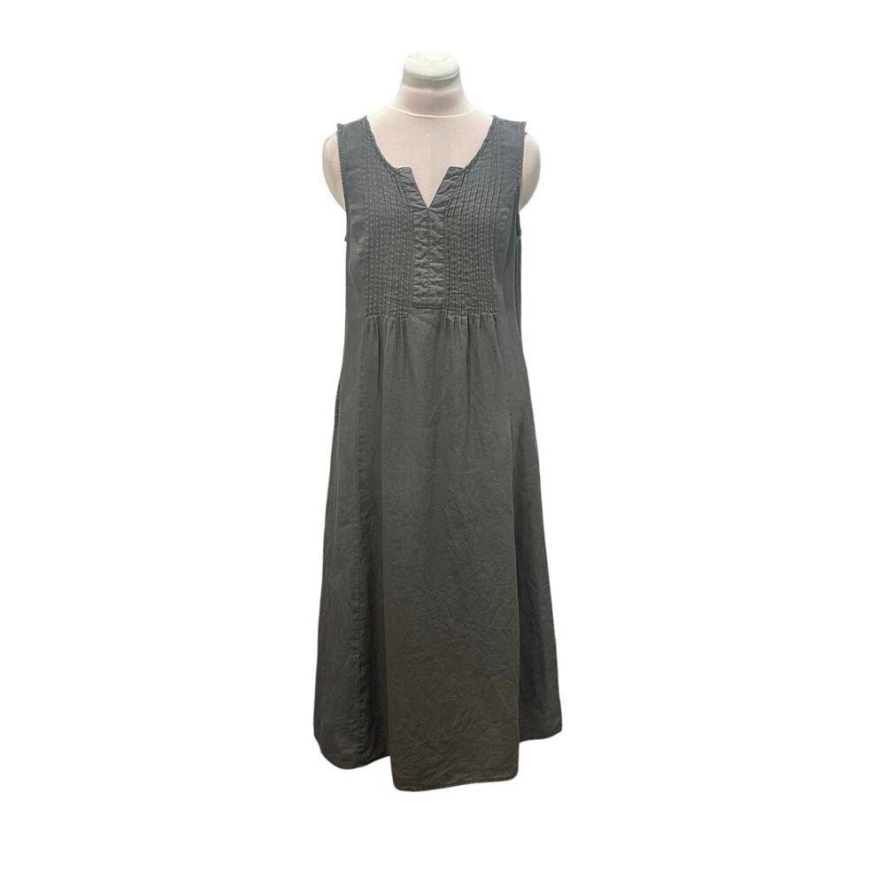 MALVIN 100% LINEN Gray Sleeveless Pintuck Midi Dress SMALL 6 Pockets Lagenlook